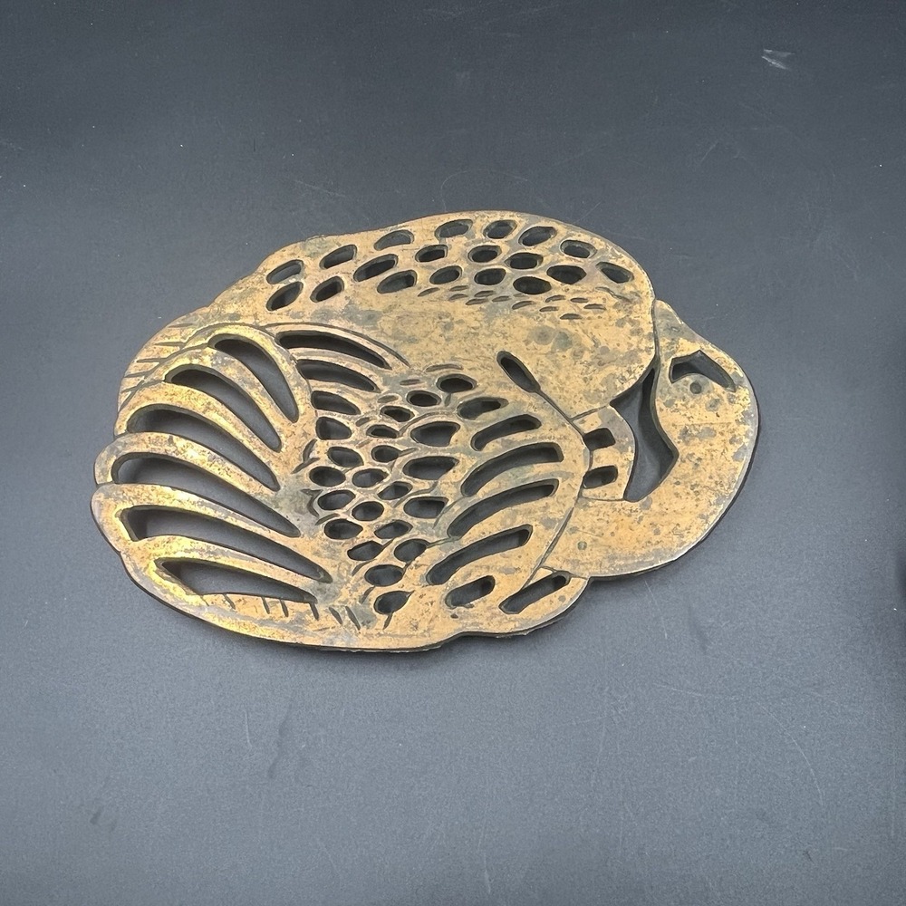 Vintage Brass Swan Trivet Footed Openwork Bird Design Taiwan 8 Inch